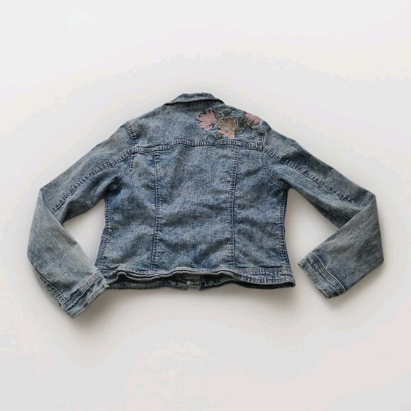 Suko Jeans Denim Jacket Women L Blue Acid Wash Floral Embroidery Stretch Y2K - Picture 14 of 16